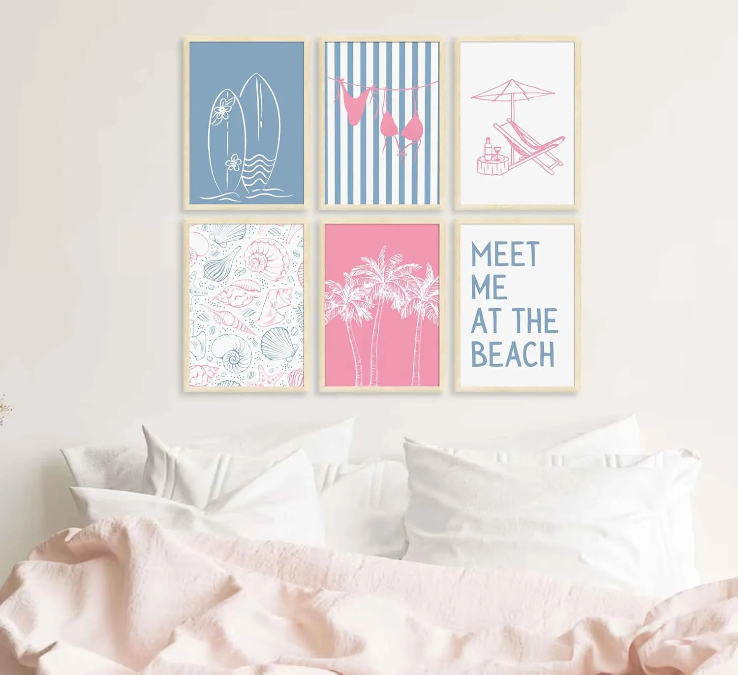 6Pcs Coastal Beach Surfing Wall Art Preppy Bikini Shells Painting Picture Wall Decor Summer Meet Me at the beach Poster Print Artwork for Living Room Bedroom Dining Room Bathroom Home Decoration