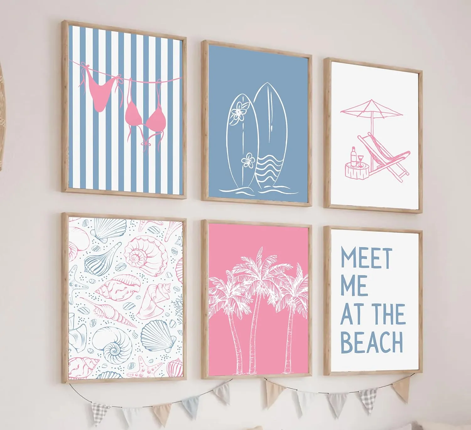 6Pcs Coastal Beach Surfing Wall Art Preppy Bikini Shells Painting Picture Wall Decor Summer Meet Me at the beach Poster Print Artwork for Living Room Bedroom Dining Room Bathroom Home Decoration