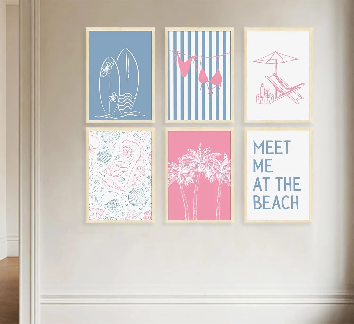 6Pcs Coastal Beach Surfing Wall Art Preppy Bikini Shells Painting Picture Wall Decor Summer Meet Me at the beach Poster Print Artwork for Living Room Bedroom Dining Room Bathroom Home Decoration