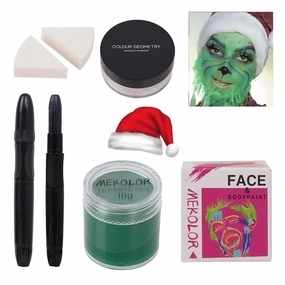 6Pcs Christmas Cosplay Makeup Kit,Highly Pigmented Christmas Face Paint,Green Face Makeup,Green Face Paint,Green Face Piant Sponges Setting Powder Black Face Paint Stick Santa Hat