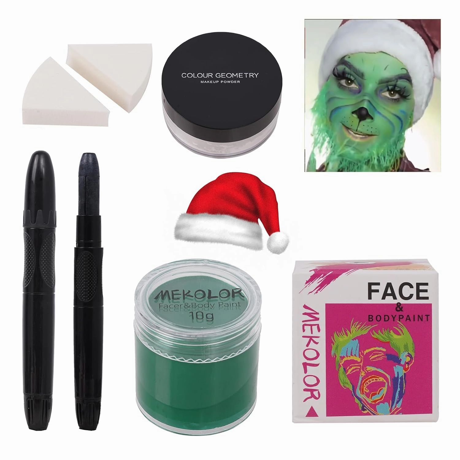 6Pcs Christmas Cosplay Makeup Kit,Highly Pigmented Christmas Face Paint,Green Face Makeup,Green Face Paint,Green Face Piant Sponges Setting Powder Black Face Paint Stick Santa Hat