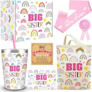 7 Pcs Big Sister Gifts for Girls, New Sister Gifts with 12 Oz Pink Sister Tumbler Mug, Canvas Tote Bag, Big Sister Bracelet, Big Sister Satin Sash, Badge Pin and Greeting Card for Little Girls