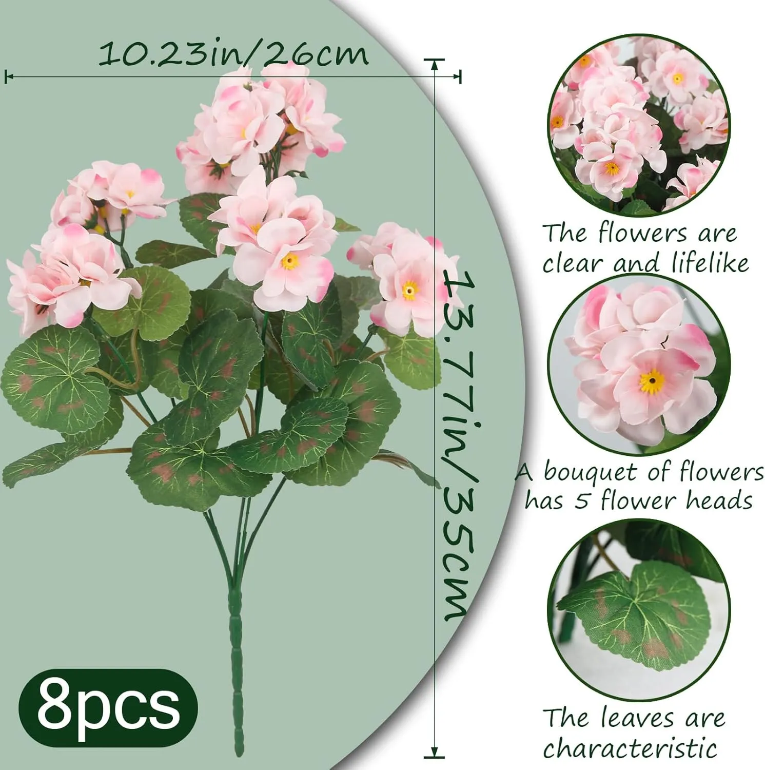 8 Pcs Artificial Geraniums Flowers Pink Silk Geraniums for Outdoors UV Resistant Artificial Geranium Bush Faux Flowers Plants Geraniums for Garden Home Decor Indoor Patio Vase Table Centerpiece