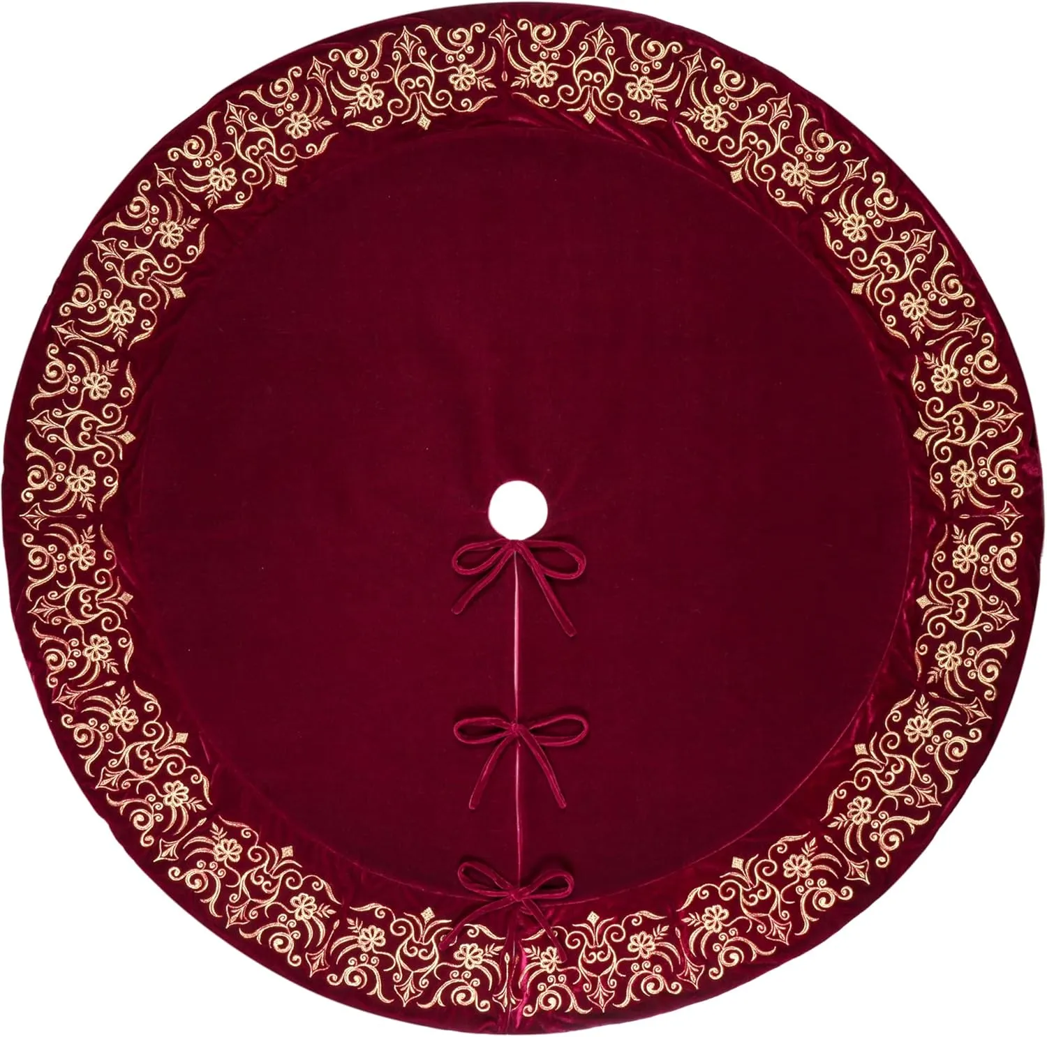 84-Inch Victorian Velvet Christmas Tree Skirt with Gold Damask Embroidery and Plush Lace-Ties, Burgundy