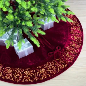 84-Inch Victorian Velvet Christmas Tree Skirt with Gold Damask Embroidery and Plush Lace-Ties, Burgundy