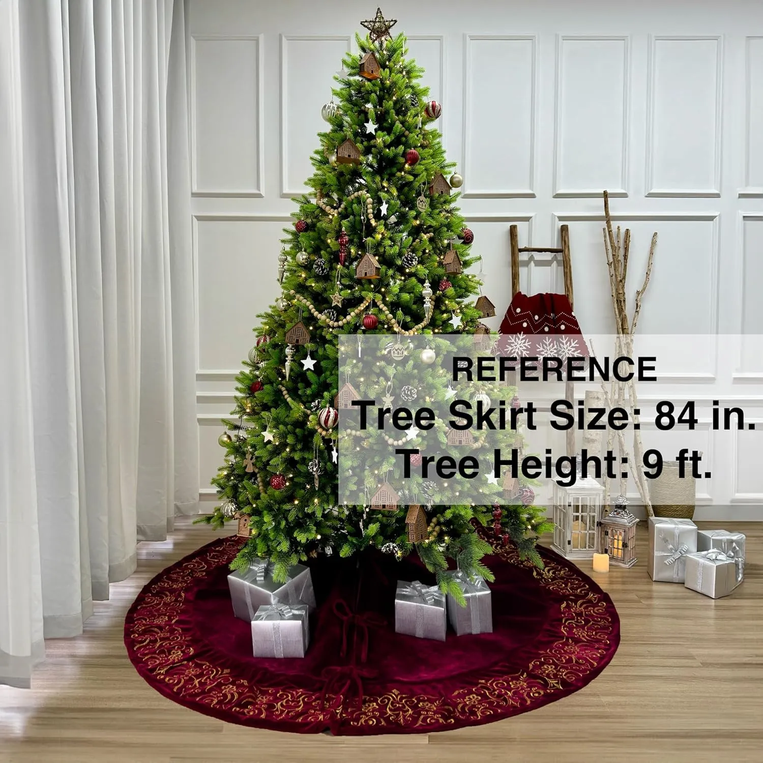 84-Inch Victorian Velvet Christmas Tree Skirt with Gold Damask Embroidery and Plush Lace-Ties, Burgundy