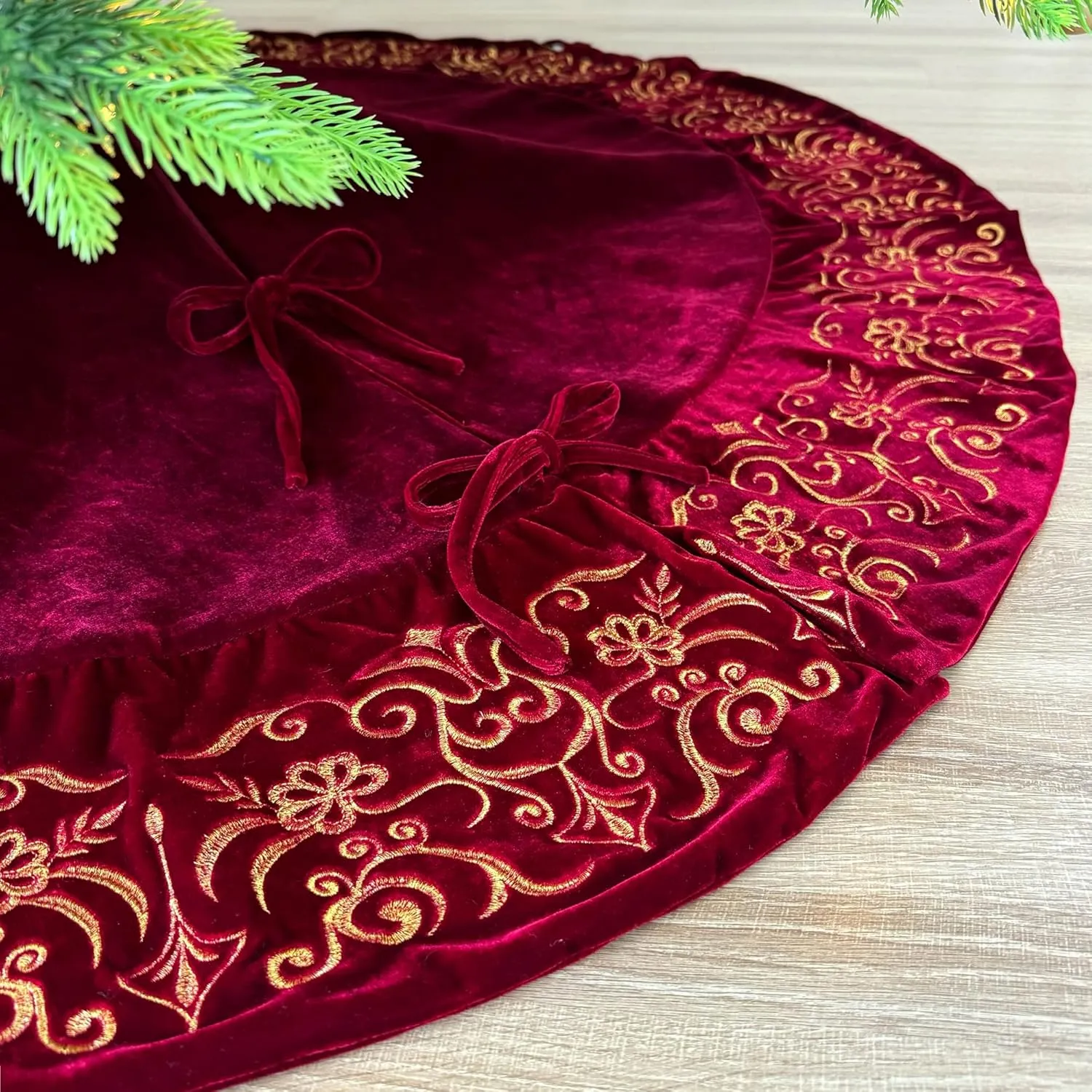 84-Inch Victorian Velvet Christmas Tree Skirt with Gold Damask Embroidery and Plush Lace-Ties, Burgundy