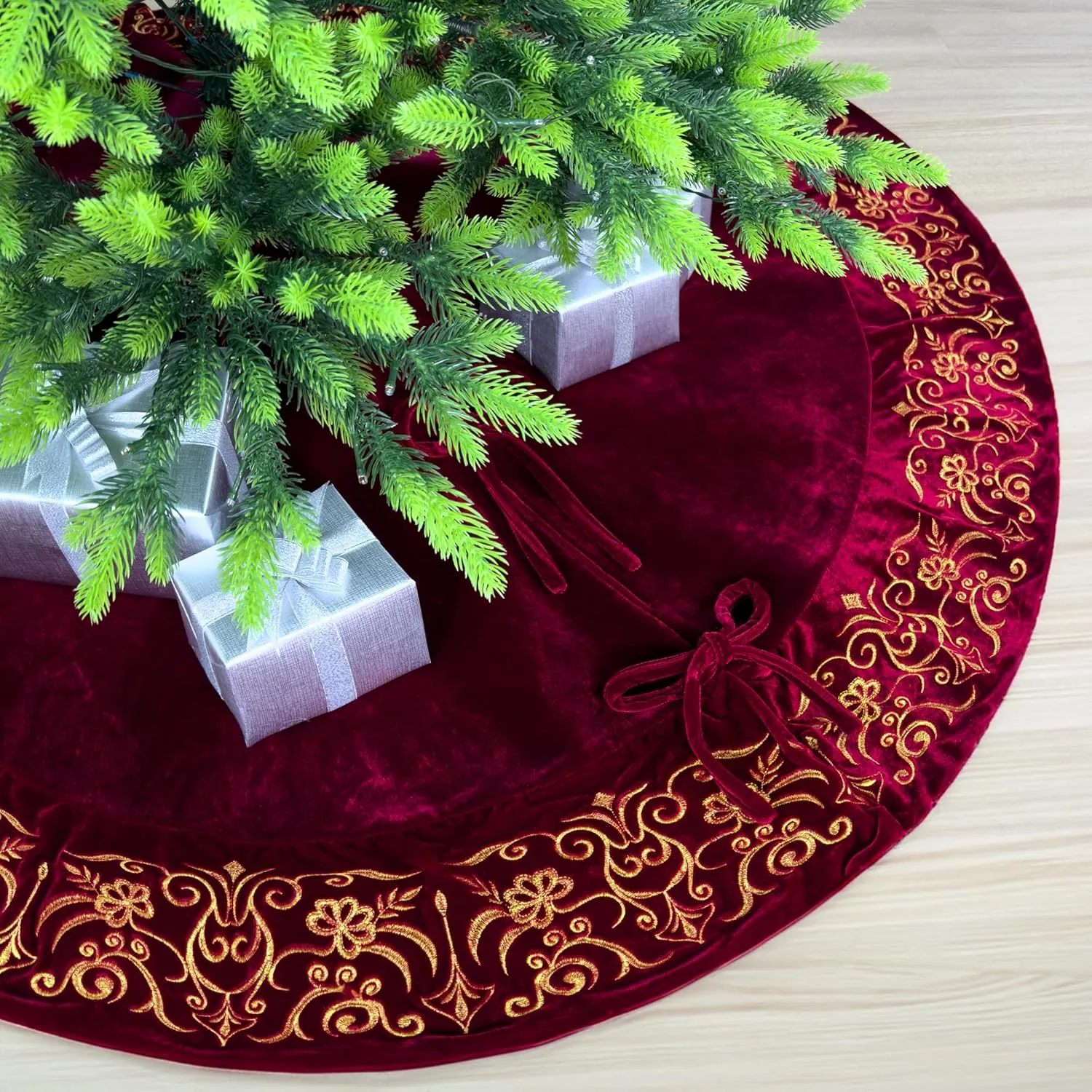 84-Inch Victorian Velvet Christmas Tree Skirt with Gold Damask Embroidery and Plush Lace-Ties, Burgundy