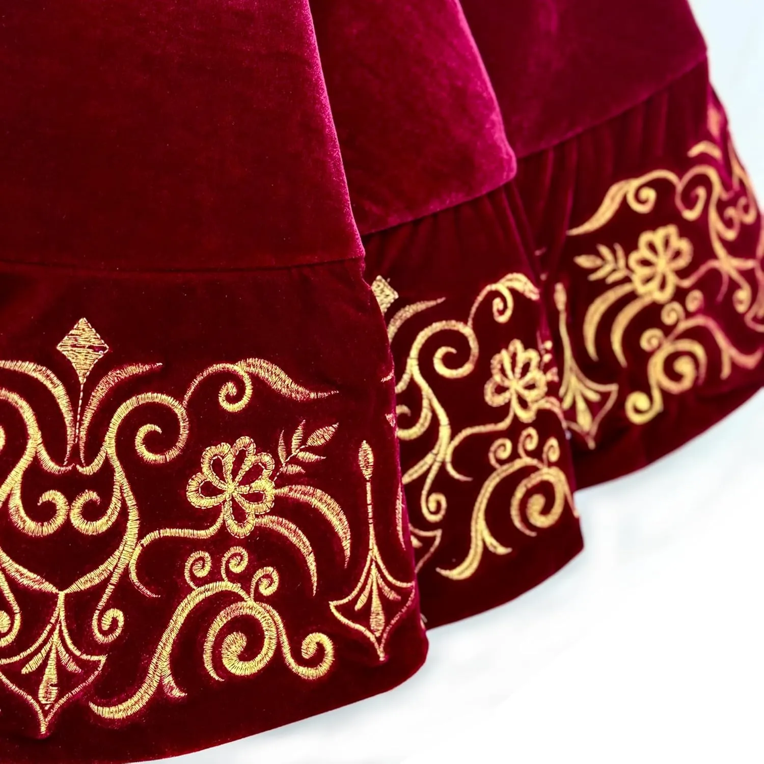 84-Inch Victorian Velvet Christmas Tree Skirt with Gold Damask Embroidery and Plush Lace-Ties, Burgundy