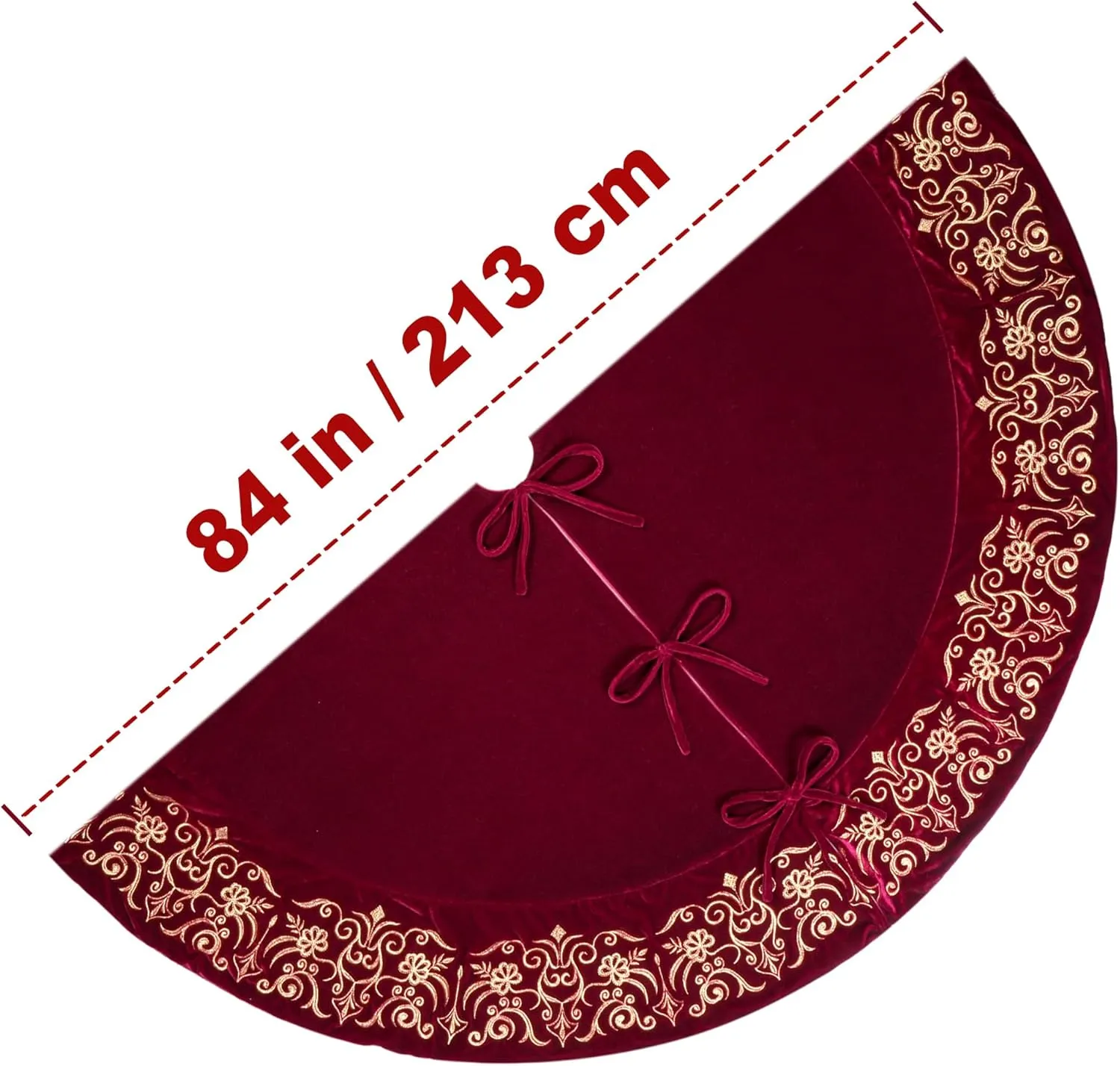 84-Inch Victorian Velvet Christmas Tree Skirt with Gold Damask Embroidery and Plush Lace-Ties, Burgundy