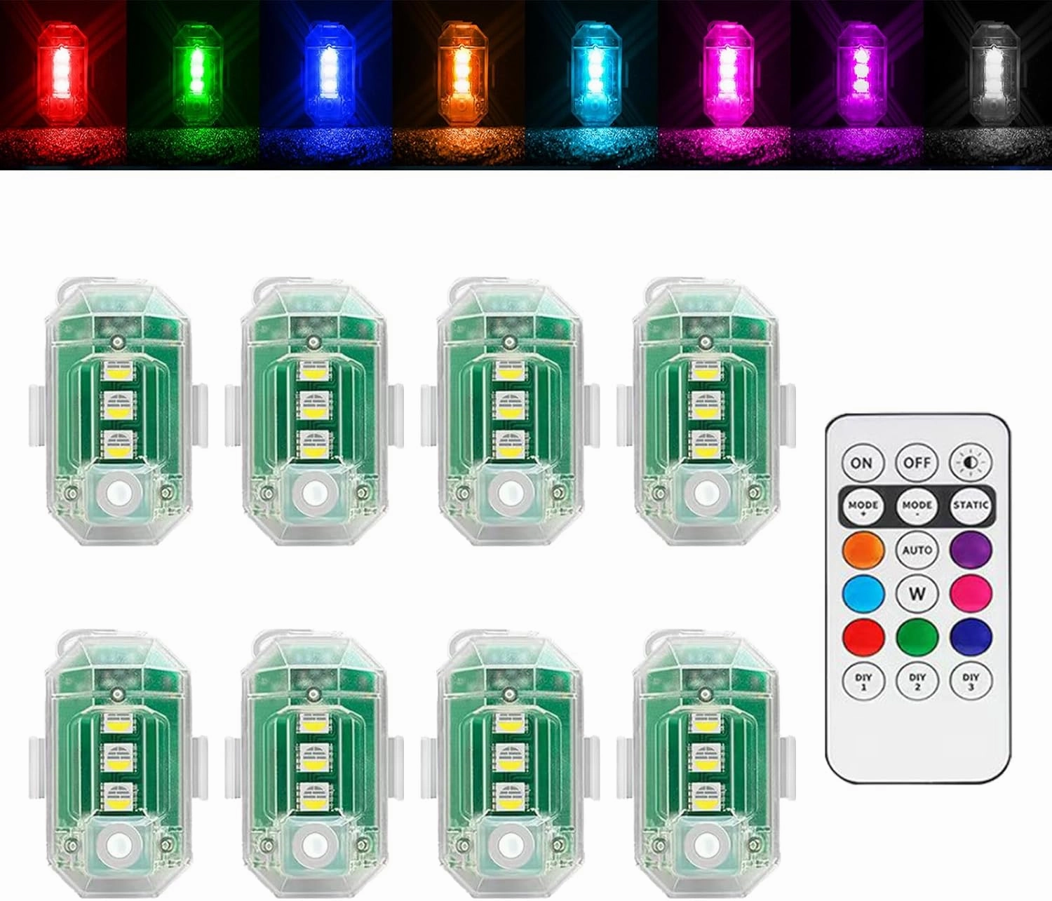 8Pcs Wireless LED Strobe Lights with Remote Control, RGB Aircraft Strobe Lights High Brightness 8 Colors Waterproof Anti-Collision Night Warning Lighting for Car Motorcycle RC Aircraft Bike