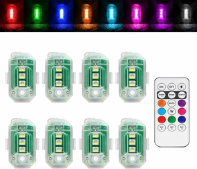 8Pcs Wireless LED Strobe Lights with Remote Control, RGB Aircraft Strobe Lights High Brightness 8 Colors Waterproof Anti-Collision Night Warning Lighting for Car Motorcycle RC Aircraft Bike