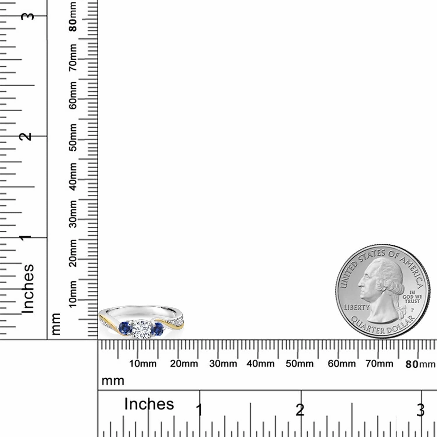 925 Sterling Silver and 10K Yellow Gold White Lab Grown Diamond and Blue Created Sapphire 3 Stone Engagement Ring For Women (0.58 Cttw, Gemstone April Birthstone, Available In Size 5, 6, 7, 8, 9)