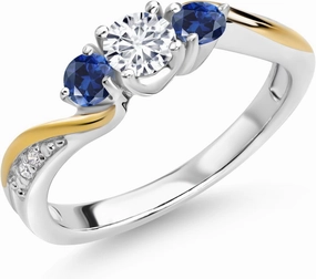 925 Sterling Silver and 10K Yellow Gold White Lab Grown Diamond and Blue Created Sapphire 3 Stone Engagement Ring For Women (0.58 Cttw, Gemstone April Birthstone, Available In Size 5, 6, 7, 8, 9)