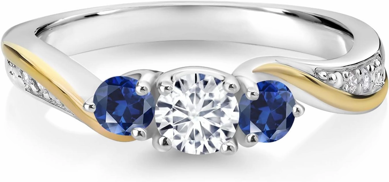 925 Sterling Silver and 10K Yellow Gold White Lab Grown Diamond and Blue Created Sapphire 3 Stone Engagement Ring For Women (0.58 Cttw, Gemstone April Birthstone, Available In Size 5, 6, 7, 8, 9)