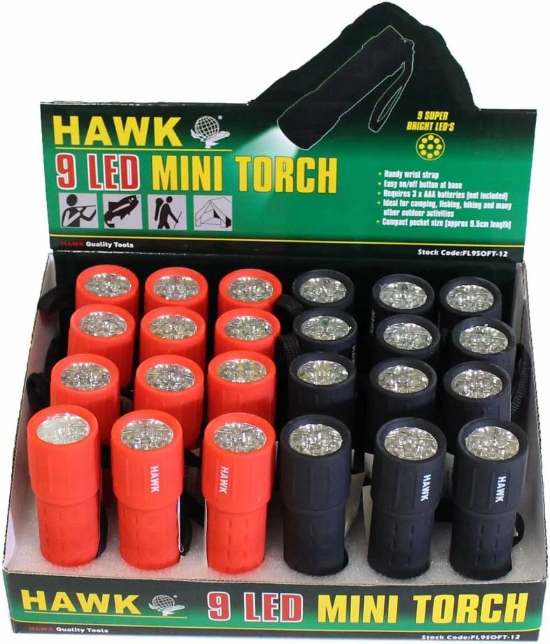 9 LED Flashlights Display Box | 24 Pieces | Red & Black | 3.75" (9.5 cm) Length | Lightweight 1.2 oz (34 Grams) | Soft-Touch Plastic | Battery-Operated