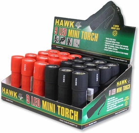 9 LED Flashlights Display Box | 24 Pieces | Red & Black | 3.75" (9.5 cm) Length | Lightweight 1.2 oz (34 Grams) | Soft-Touch Plastic | Battery-Operated