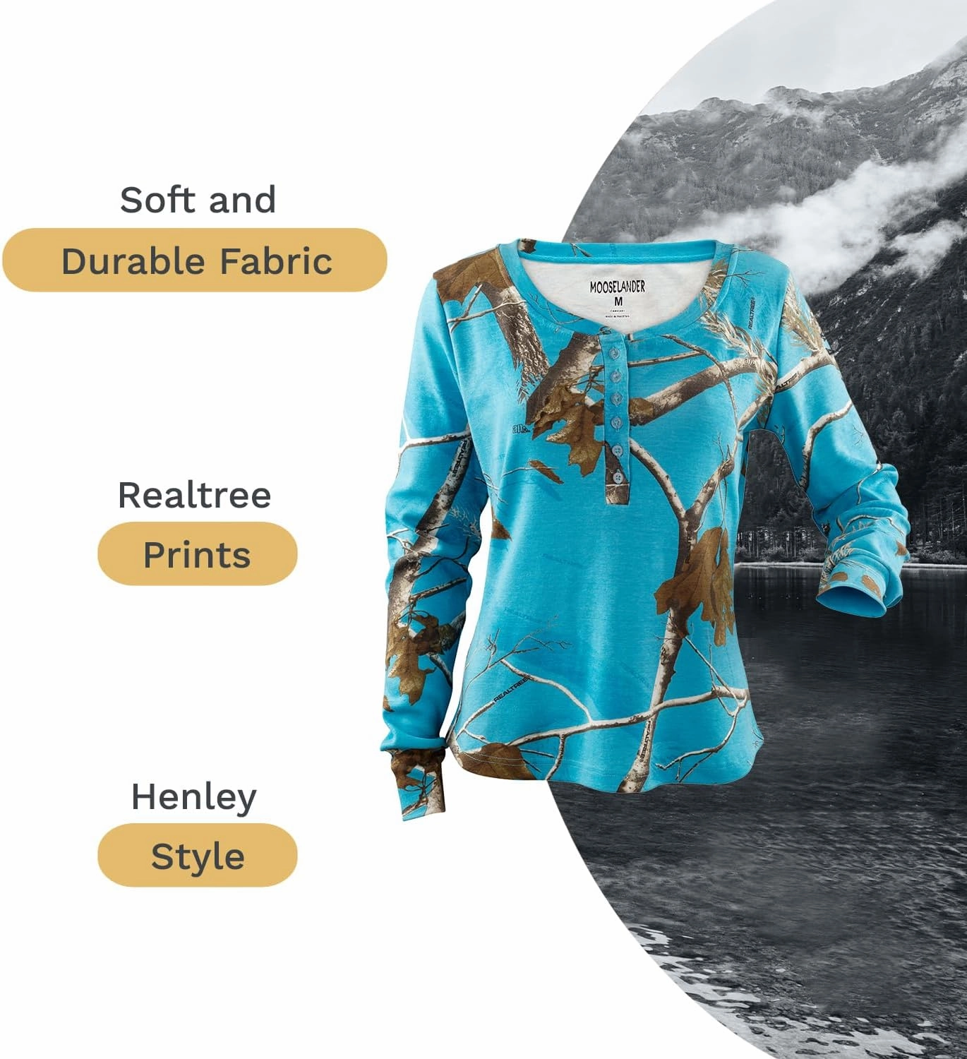 – Ladies Long Sleeve Henley Shirt in Realtree Camo Print