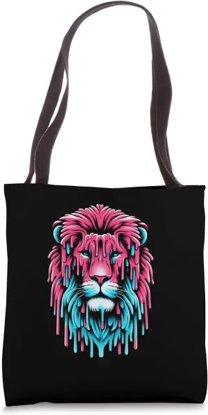 A Lion's Head Covered In Bright Pink And Blue Ice Cream Tote Bag