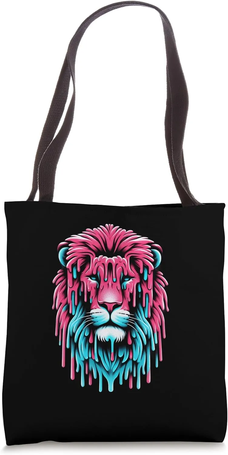 A Lion's Head Covered In Bright Pink And Blue Ice Cream Tote Bag