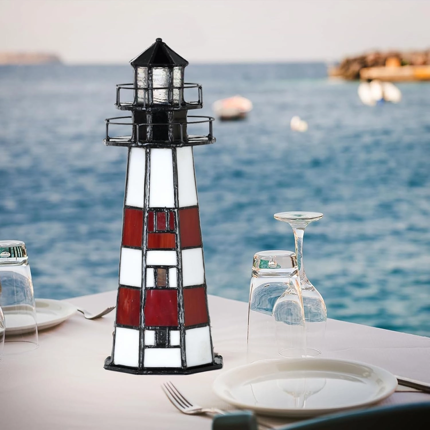 A0016 Tiffany Lighthouse Lamp Stained Glass Accent Table lamp Night Light for Home Decoration, Bulb Included (RED)