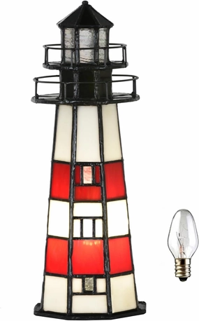 A0016 Tiffany Lighthouse Lamp Stained Glass Accent Table lamp Night Light for Home Decoration, Bulb Included (RED)