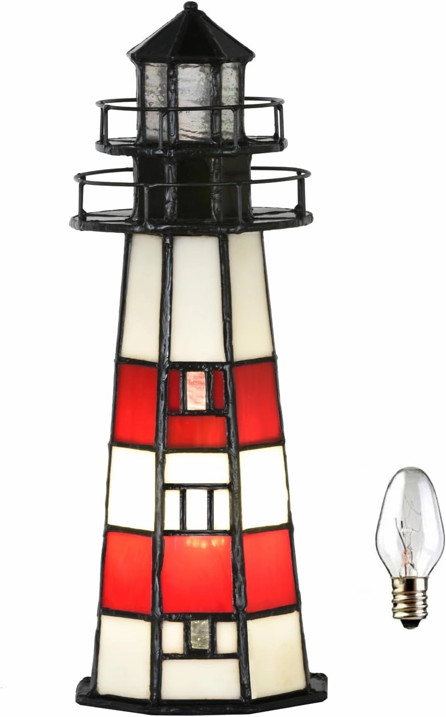 A0016 Tiffany Lighthouse Lamp Stained Glass Accent Table lamp Night Light for Home Decoration, Bulb Included (RED)