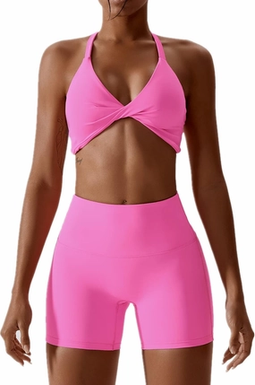 ABOCIW Workout Sets for Women 2 Piece Twist Front Halter Sports Bras High Waist Biker Shorts Exercise Gym Yoga Outfit