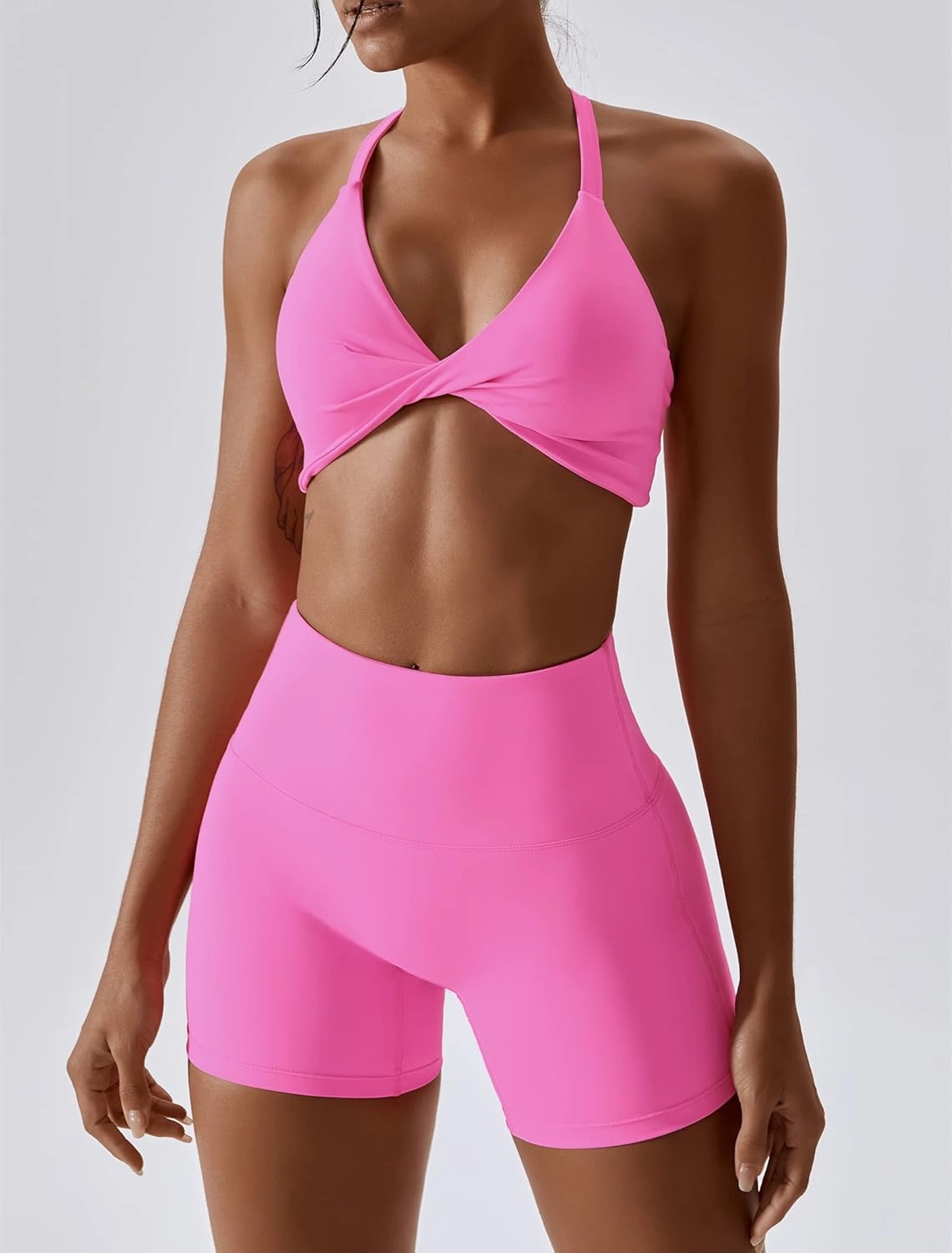 ABOCIW Workout Sets for Women 2 Piece Twist Front Halter Sports Bras High Waist Biker Shorts Exercise Gym Yoga Outfit