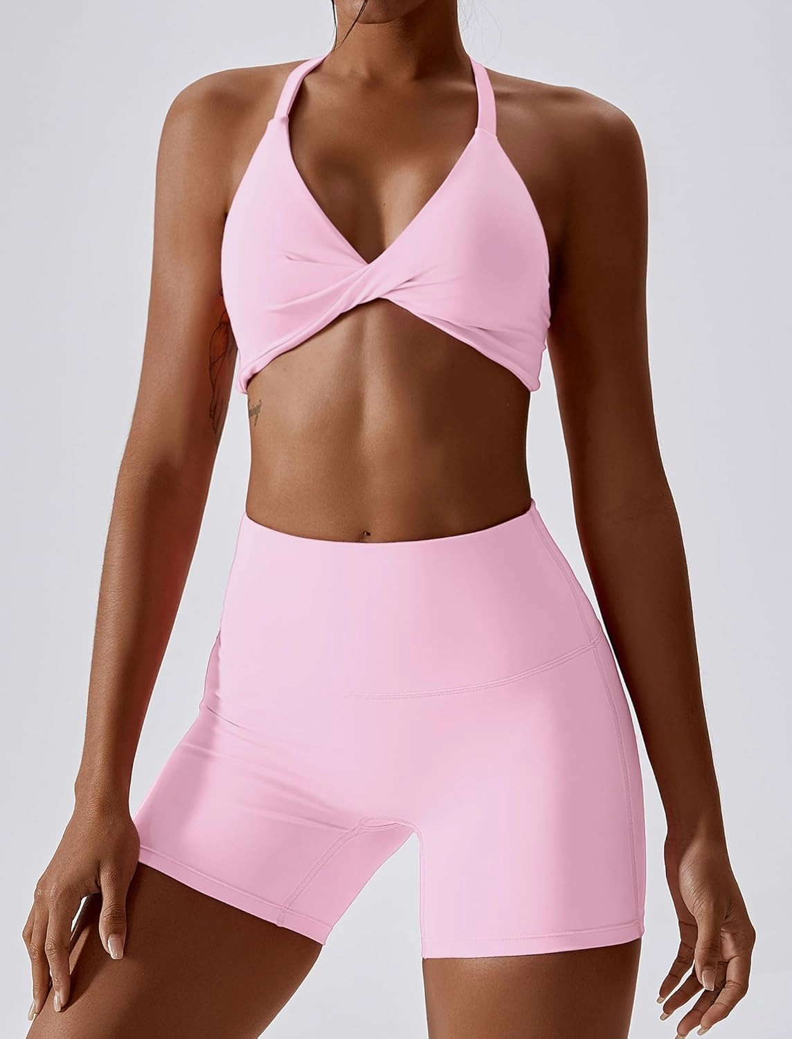 ABOCIW Workout Sets for Women 2 Piece Twist Front Halter Sports Bras High Waist Biker Shorts Exercise Gym Yoga Outfit