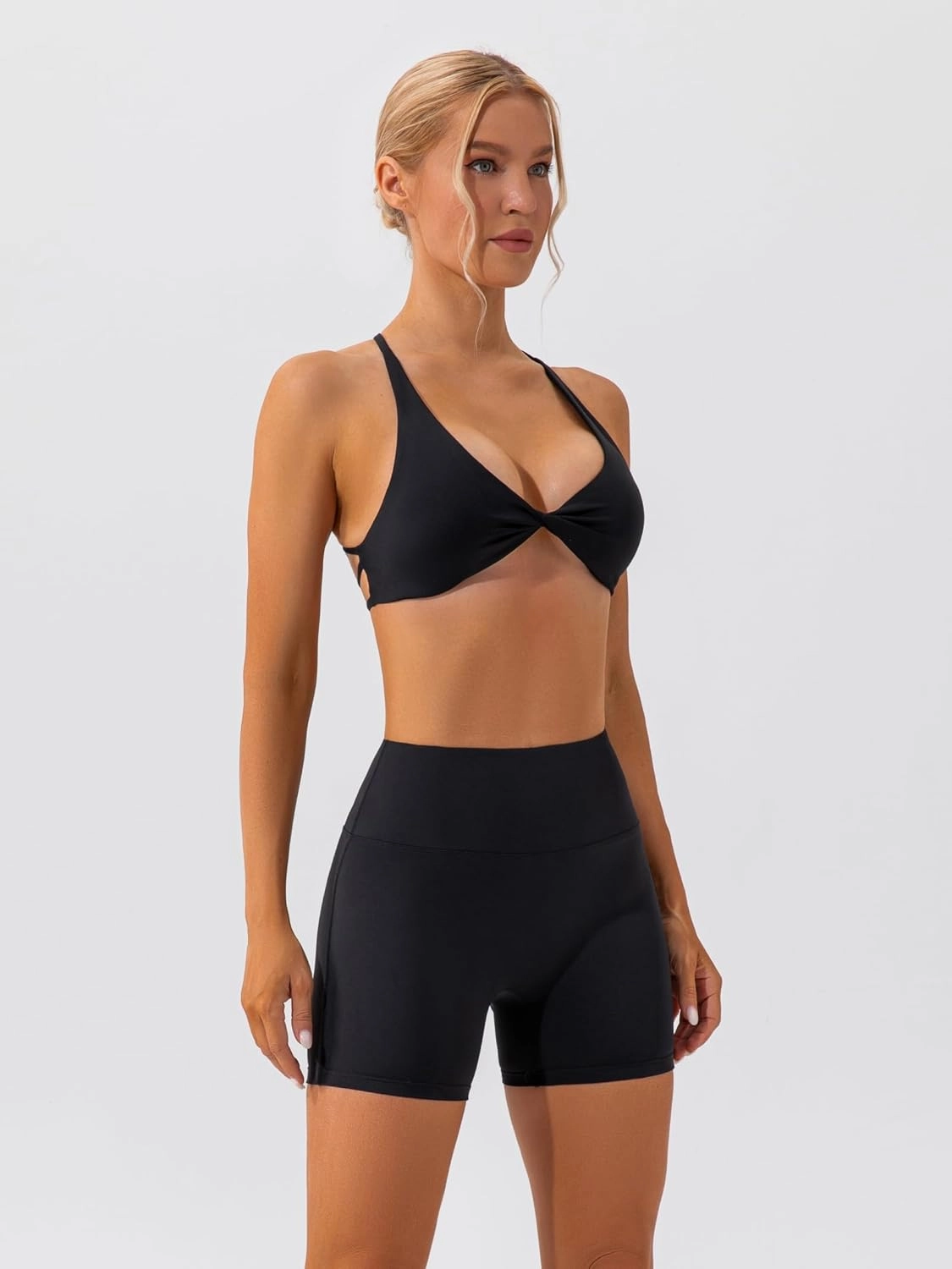 ABOCIW Workout Sets for Women 2 Piece Twist Front Halter Sports Bras High Waist Biker Shorts Exercise Gym Yoga Outfit