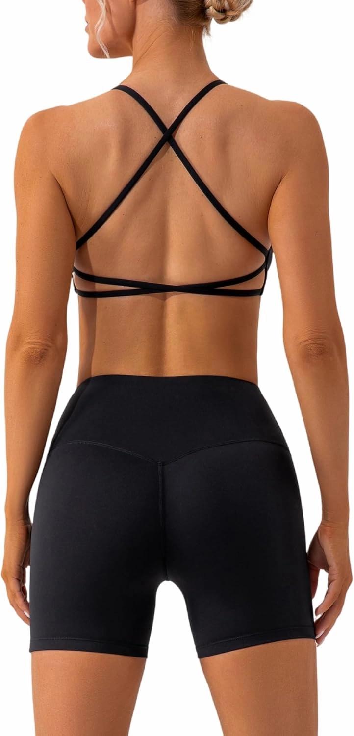 ABOCIW Workout Sets for Women 2 Piece Twist Front Halter Sports Bras High Waist Biker Shorts Exercise Gym Yoga Outfit