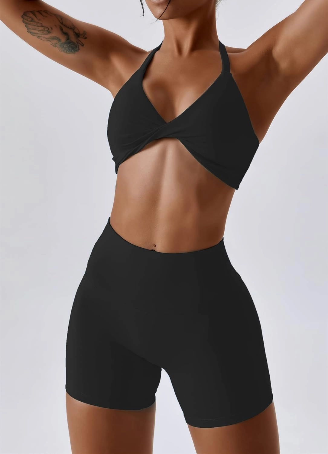 ABOCIW Workout Sets for Women 2 Piece Twist Front Halter Sports Bras High Waist Biker Shorts Exercise Gym Yoga Outfit