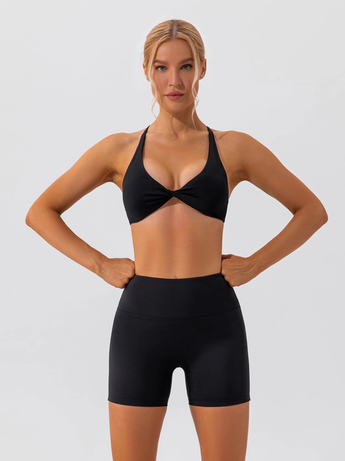 ABOCIW Workout Sets for Women 2 Piece Twist Front Halter Sports Bras High Waist Biker Shorts Exercise Gym Yoga Outfit