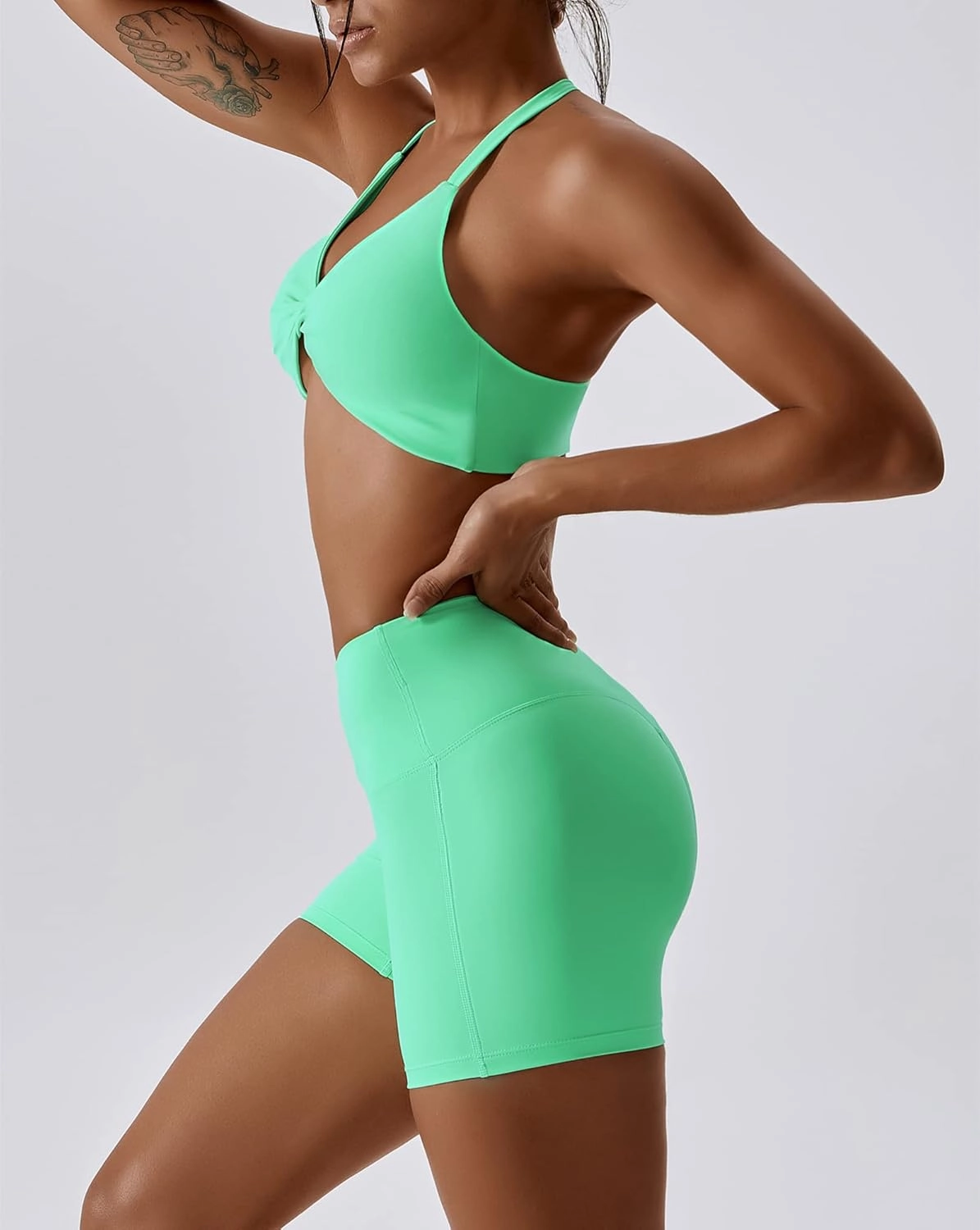 ABOCIW Workout Sets for Women 2 Piece Twist Front Halter Sports Bras High Waist Biker Shorts Exercise Gym Yoga Outfit