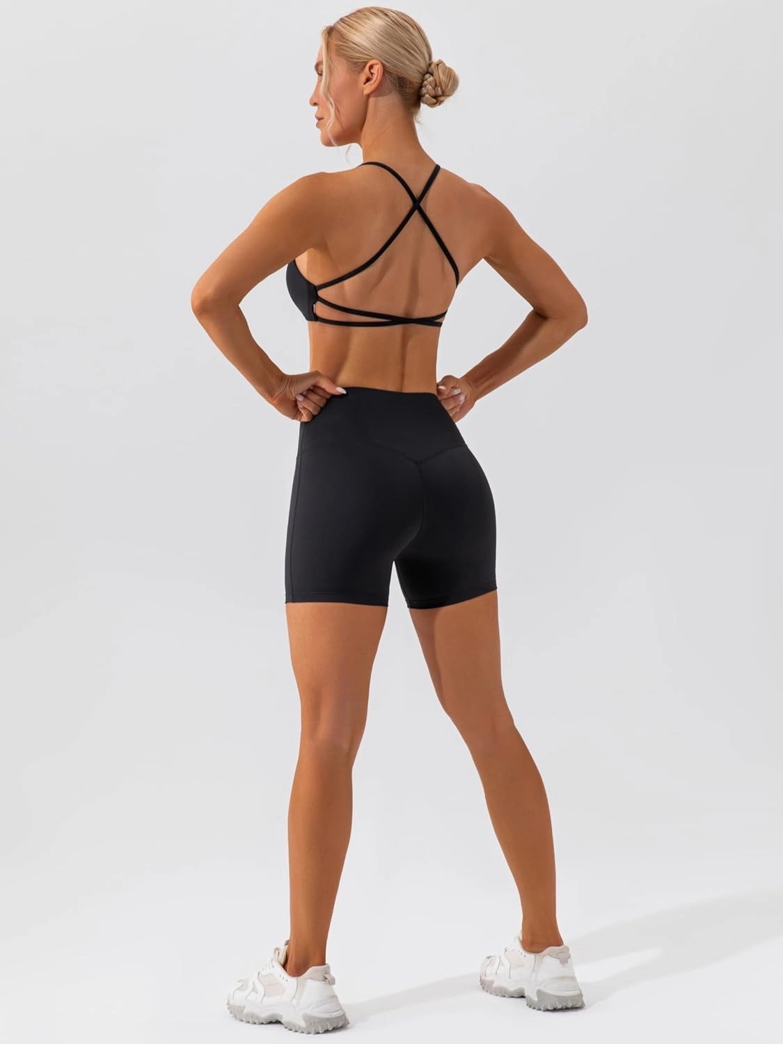 ABOCIW Workout Sets for Women 2 Piece Twist Front Halter Sports Bras High Waist Biker Shorts Exercise Gym Yoga Outfit