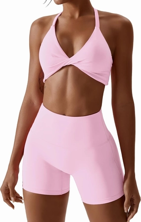 ABOCIW Workout Sets for Women 2 Piece Twist Front Halter Sports Bras High Waist Biker Shorts Exercise Gym Yoga Outfit