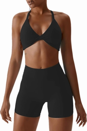 ABOCIW Workout Sets for Women 2 Piece Twist Front Halter Sports Bras High Waist Biker Shorts Exercise Gym Yoga Outfit