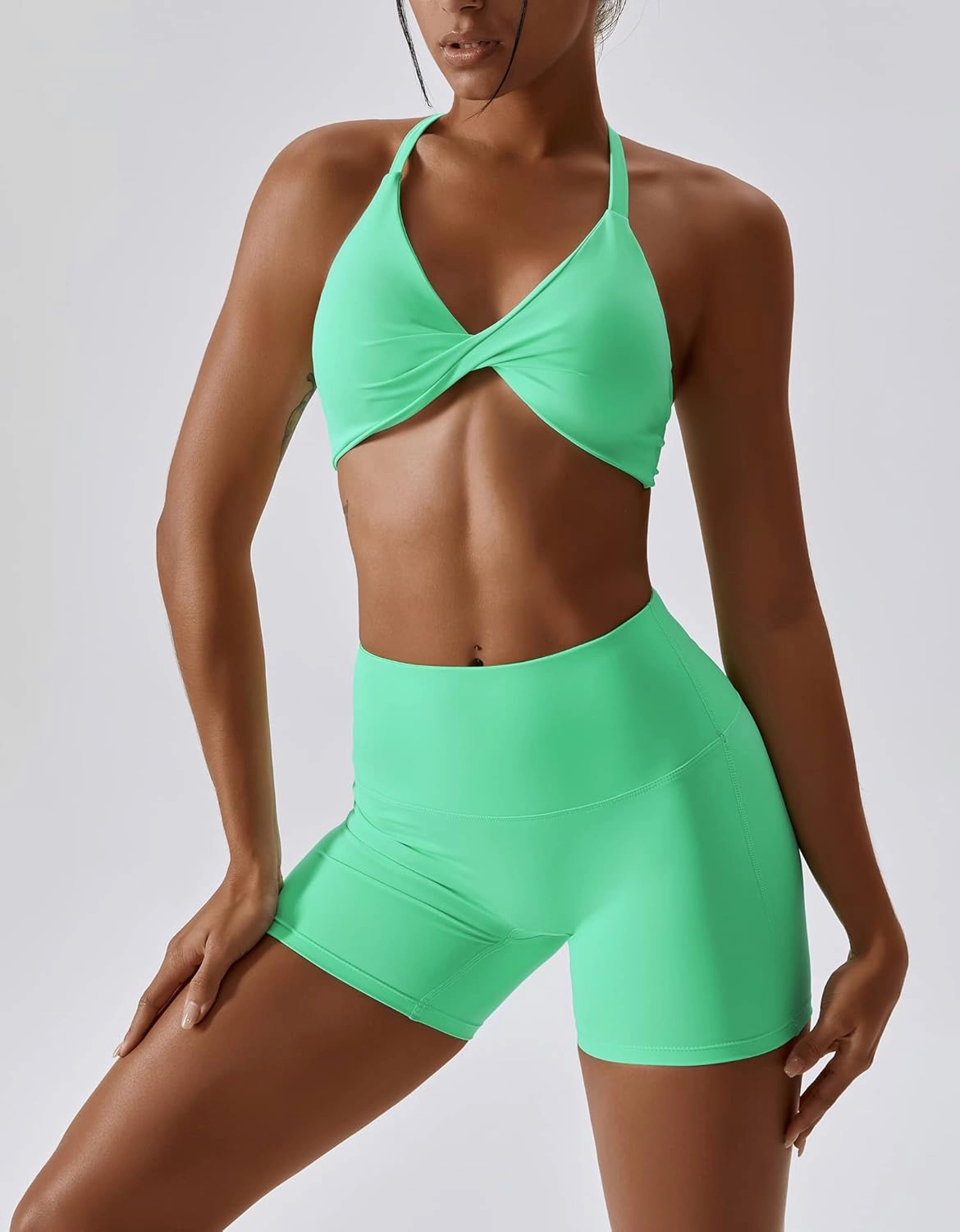 ABOCIW Workout Sets for Women 2 Piece Twist Front Halter Sports Bras High Waist Biker Shorts Exercise Gym Yoga Outfit