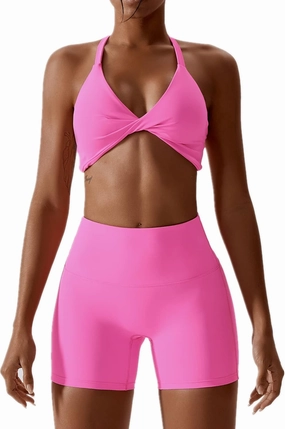 ABOCIW Workout Sets for Women 2 Piece Twist Front Halter Sports Bras High Waist Biker Shorts Exercise Gym Yoga Outfit