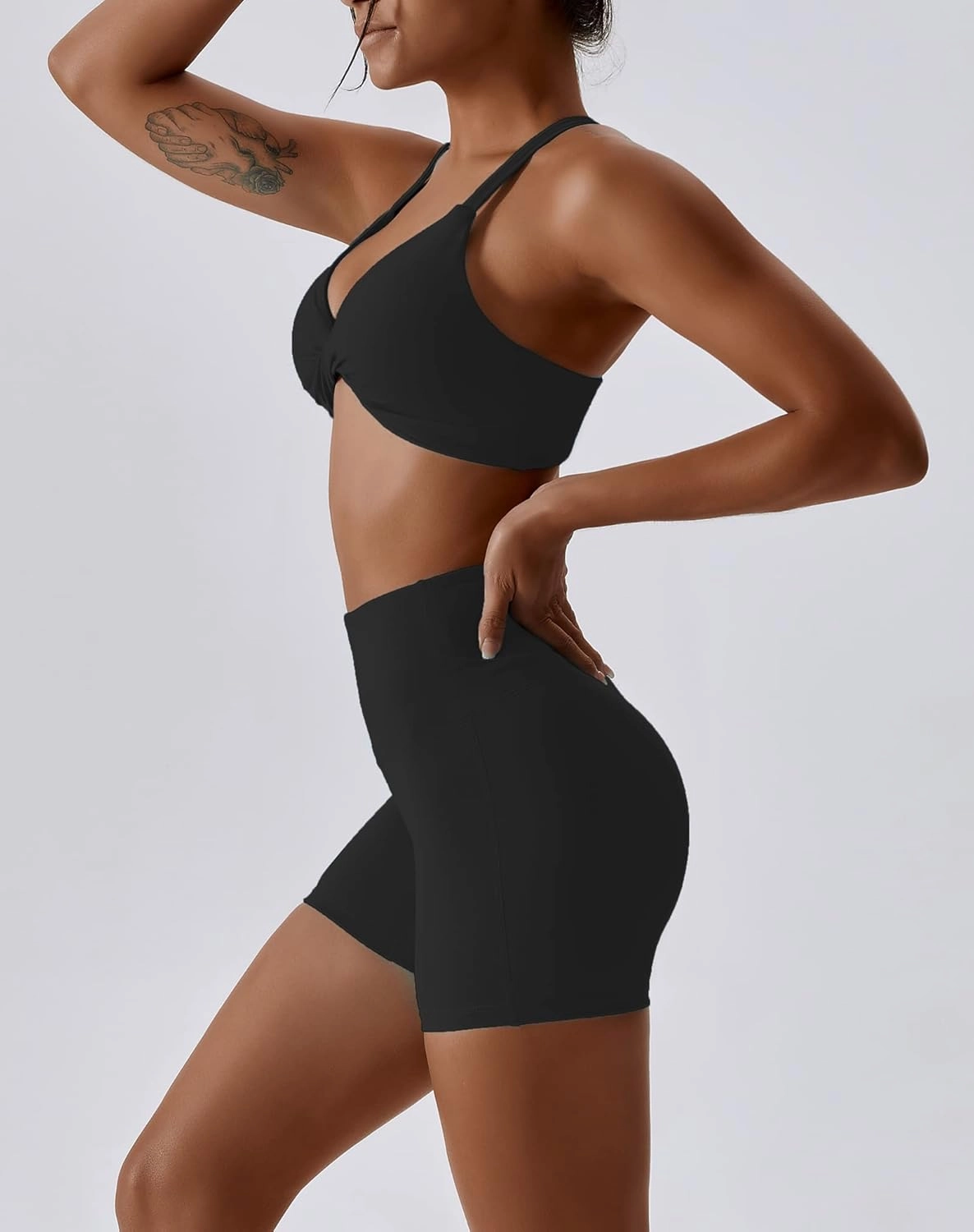 ABOCIW Workout Sets for Women 2 Piece Twist Front Halter Sports Bras High Waist Biker Shorts Exercise Gym Yoga Outfit