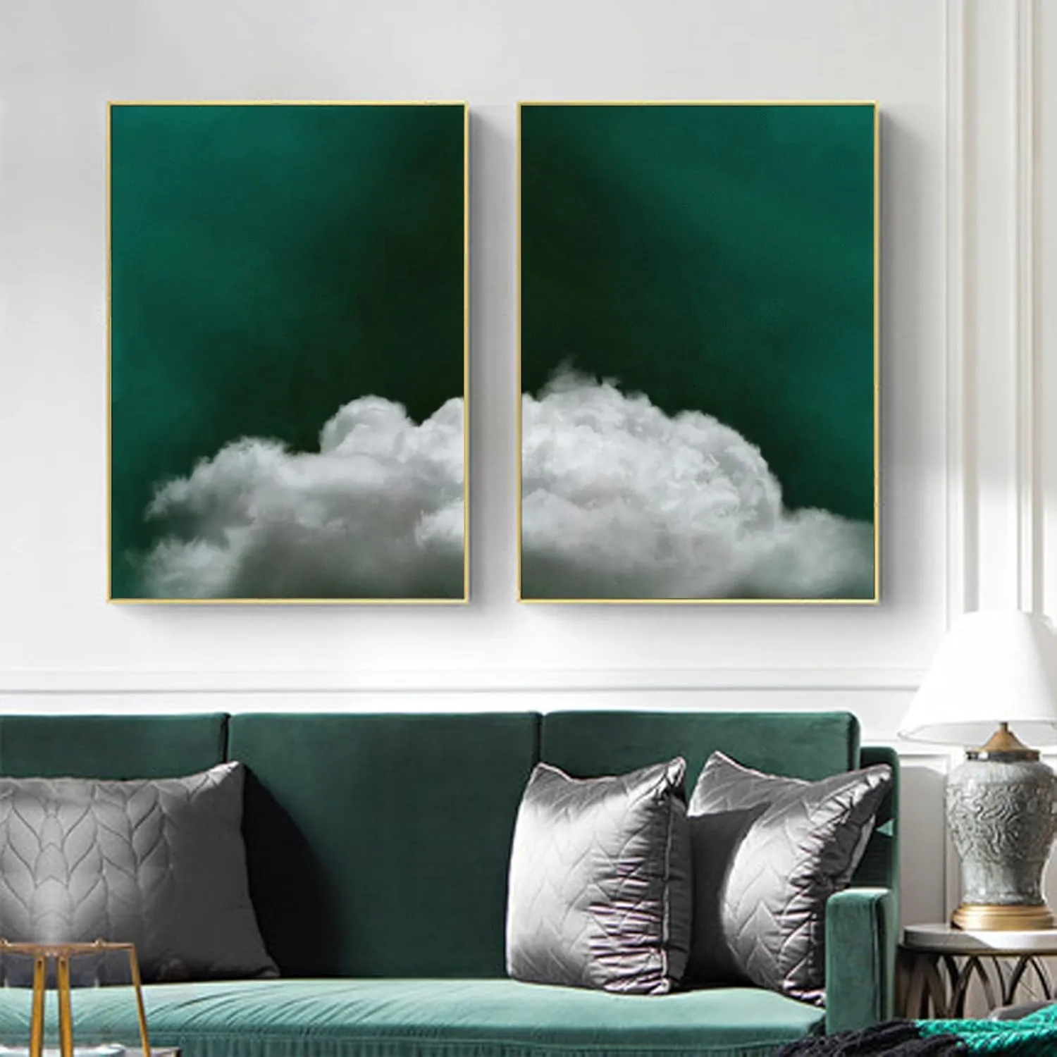 Abstract Cloud Wall Art Natural Landscape Posters Emerald Green Wall Prints Contemporary Picture In Living Room White Cloud Poster Weather Paintings Cloud Canvas Natural Artwork 16x24inchx2 No Frame
