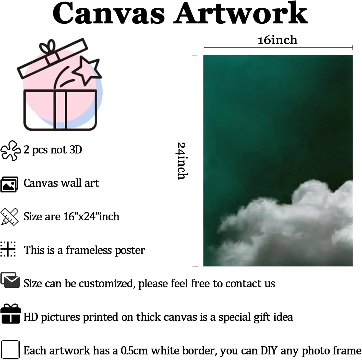 Abstract Cloud Wall Art Natural Landscape Posters Emerald Green Wall Prints Contemporary Picture In Living Room White Cloud Poster Weather Paintings Cloud Canvas Natural Artwork 16x24inchx2 No Frame