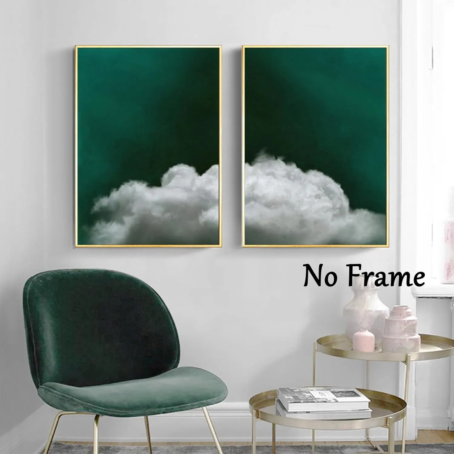 Abstract Cloud Wall Art Natural Landscape Posters Emerald Green Wall Prints Contemporary Picture In Living Room White Cloud Poster Weather Paintings Cloud Canvas Natural Artwork 16x24inchx2 No Frame