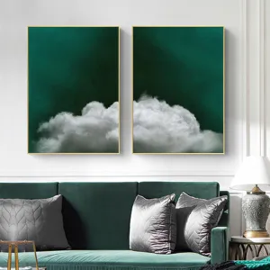 Abstract Cloud Wall Art Natural Landscape Posters Emerald Green Wall Prints Contemporary Picture In Living Room White Cloud Poster Weather Paintings Cloud Canvas Natural Artwork 16x24inchx2 No Frame