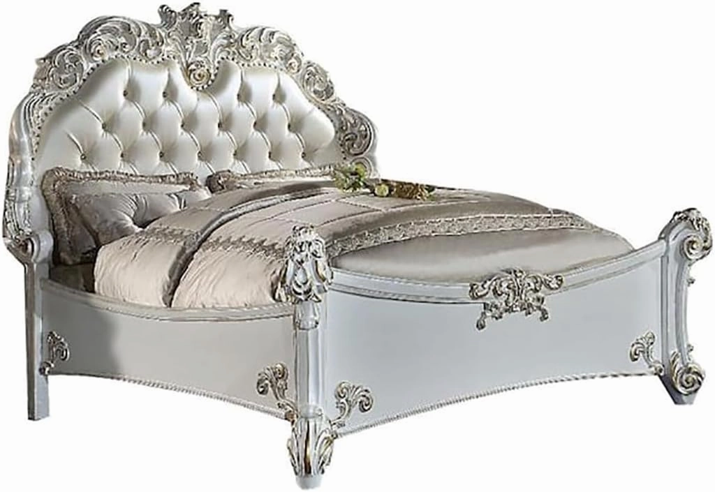 Acme Vendome Leather Upholstered Tufted Eastern King Bed in Antique Pearl