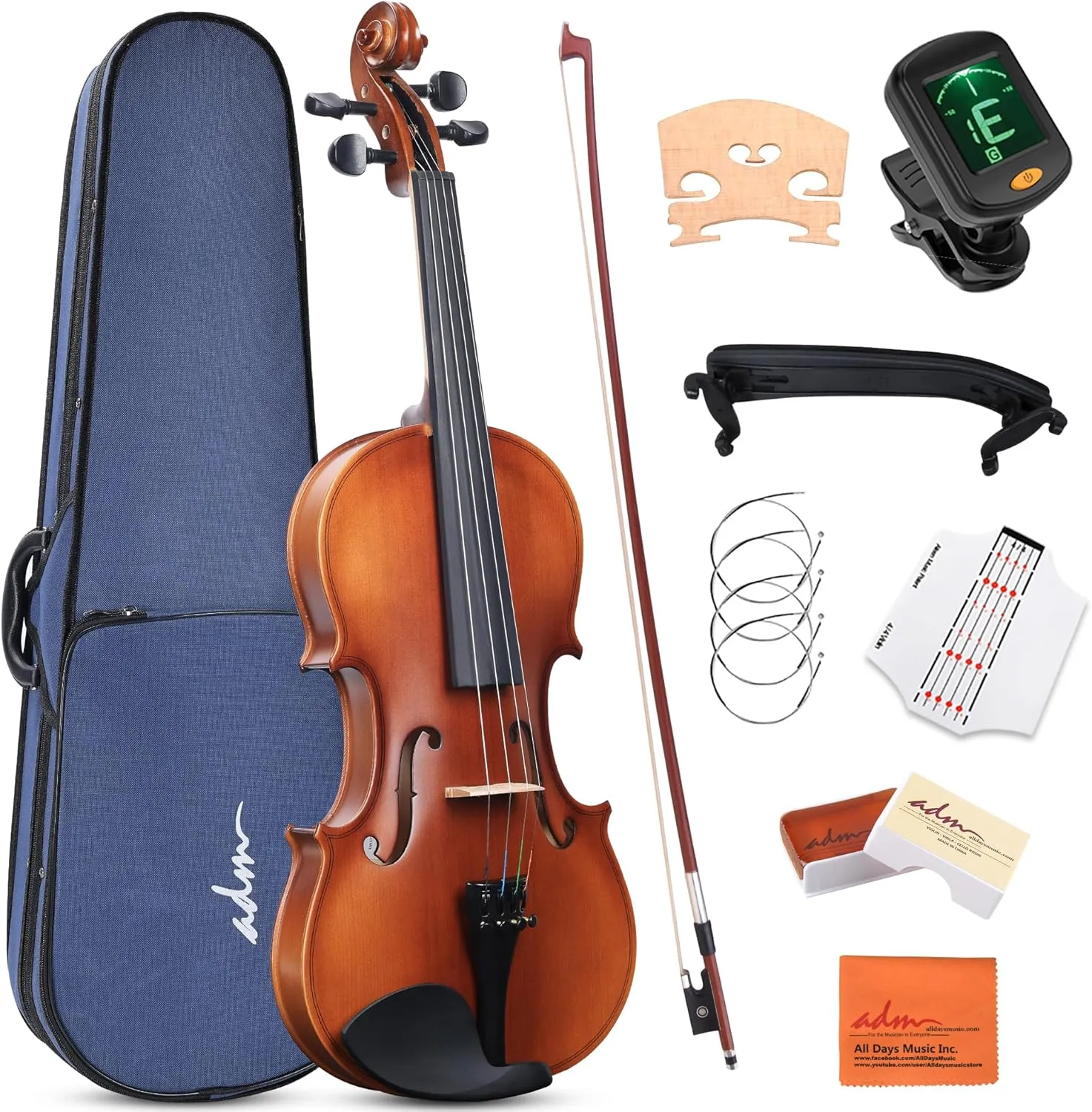 ADM 3/4 Size Wood Violin Set for Kids Teens Students Adults Beginner Acoustic Violin Matte Fiddle Starter Kit with Hard Case, Rosin, Shoulder Rest, Bow, Clip-on Tuner and Fingerboard Sticker