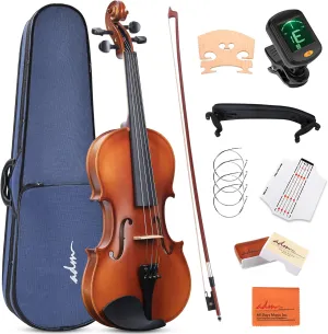 ADM 3/4 Size Wood Violin Set for Kids Teens Students Adults Beginner Acoustic Violin Matte Fiddle Starter Kit with Hard Case, Rosin, Shoulder Rest, Bow, Clip-on Tuner and Fingerboard Sticker