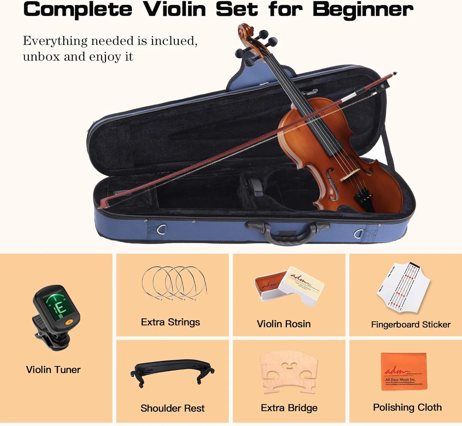 ADM 3/4 Size Wood Violin Set for Kids Teens Students Adults Beginner Acoustic Violin Matte Fiddle Starter Kit with Hard Case, Rosin, Shoulder Rest, Bow, Clip-on Tuner and Fingerboard Sticker