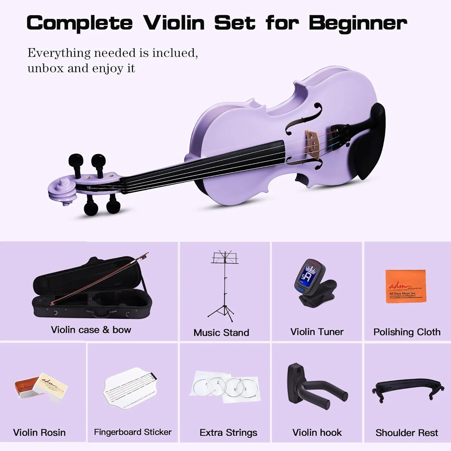 ADM Acoustic Violin for Kids Beginners,1/4 Size Acoustic Violin Fiddle for Teens Students Violin Starter Kit with Hard Case, Rosin, Shoulder Rest, Bow, Violin Music Stand and Strings,Purple